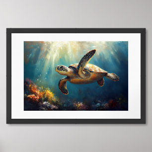 Sea Turtle Series – Sunlit Reef Drift Painting Framed Art