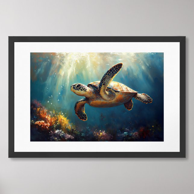 Sea Turtle Series – Sunlit Reef Drift Painting Framed Art (Framed Front)