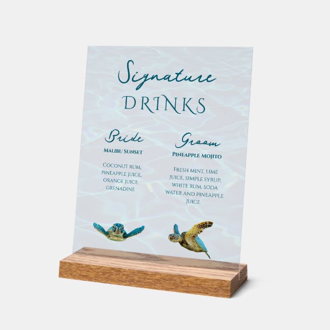 Sea Turtle Signature Drinks Wedding Acrylic Sign (Angle)