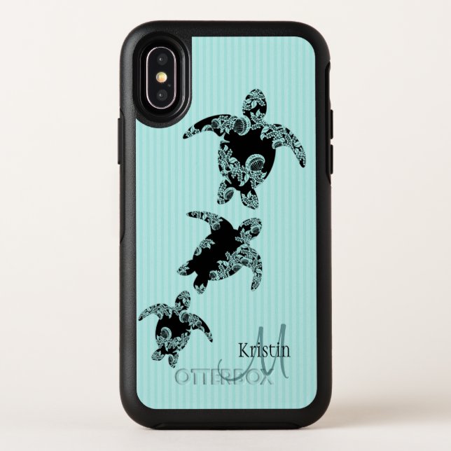 Sea Turtle Silhouette and Aqua Monogram Otterbox iPhone Case (Back)
