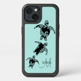 Sea Turtle Silhouette and Aqua Monogram iPhone 13 Case