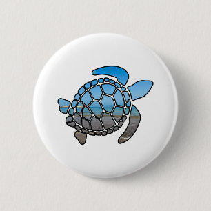 Sea turtle silhouette on summer blue beach waves button
