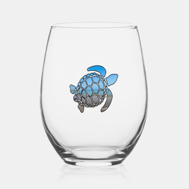 Sea turtle silhouette on summer blue beach waves stemless wine glass (Front)