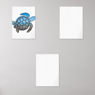 Sea turtle silhouette on summer blue beach waves wall art sets