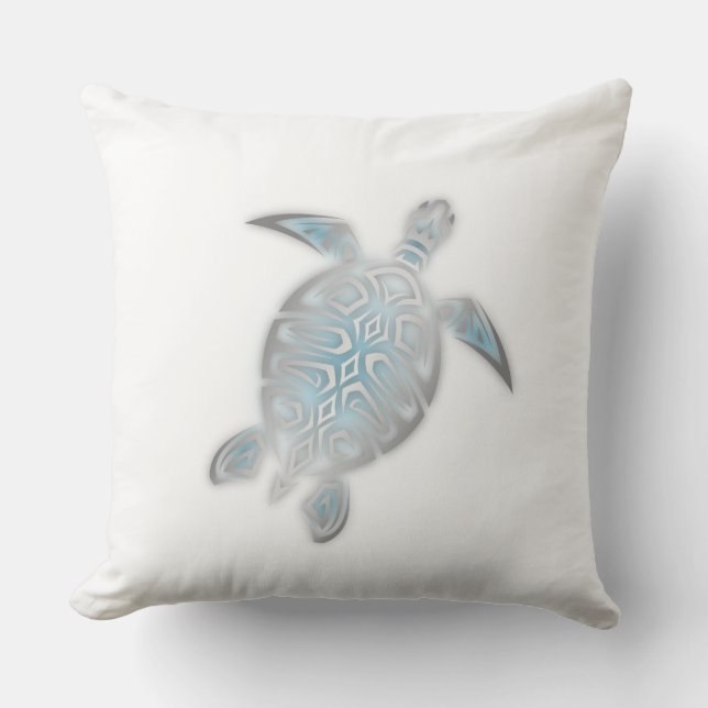 Sea Turtle Silver White Coastal Nautical Outdoor Pillow (Front)
