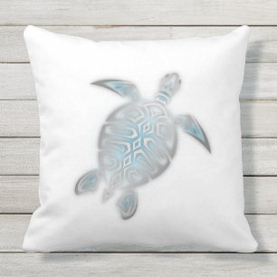 Sea Turtle Silver White Coastal Nautical Outdoor Pillow