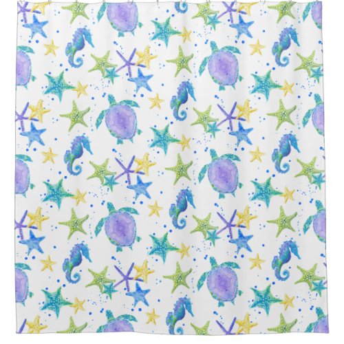 Sea Turtle Starfish Seahorse Watercolor Beach Shower Curtain