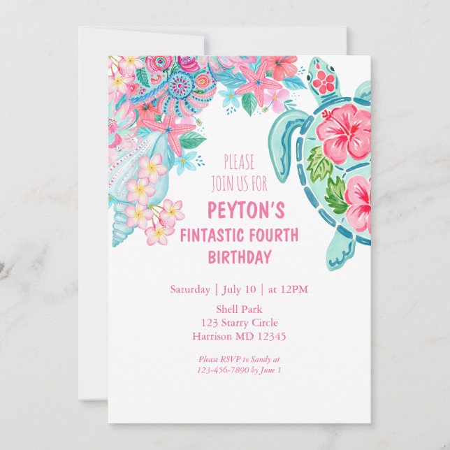 Sea Turtle Summer Fourth Birthday Invitation (Front)