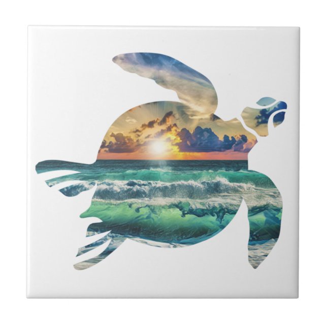 Sea Turtle Sunset Beach Ceramic Tile (Front)