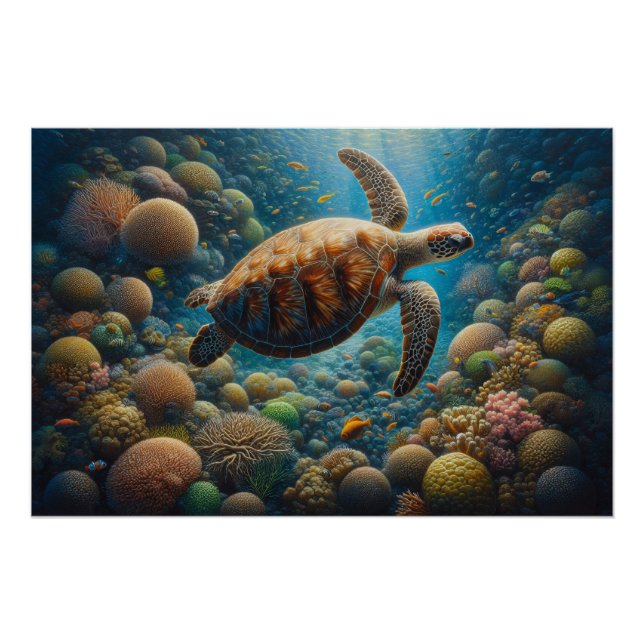 Sea Turtle Swimming Around Coral Decoupage Poster (Front)