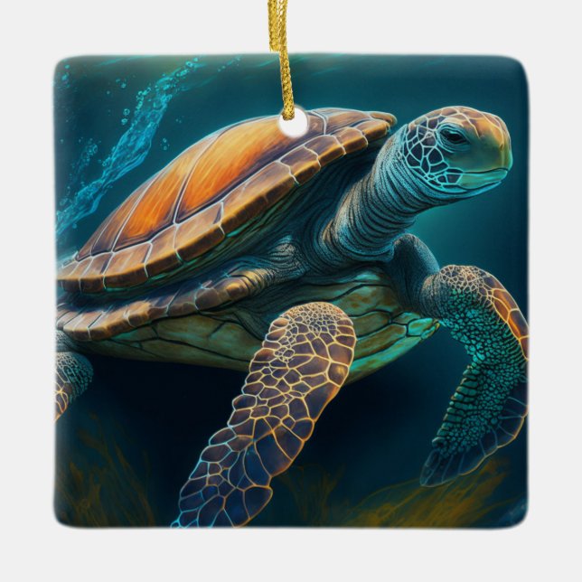 Sea Turtle Swimming in the Ocean Ceramic Ornament (Front)