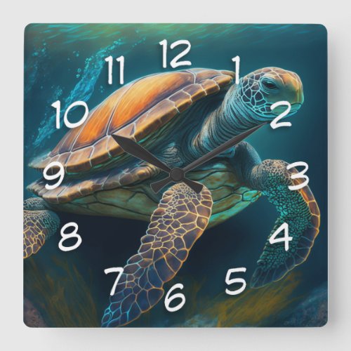 Sea Turtle Swimming in the Ocean Square Wall Clock