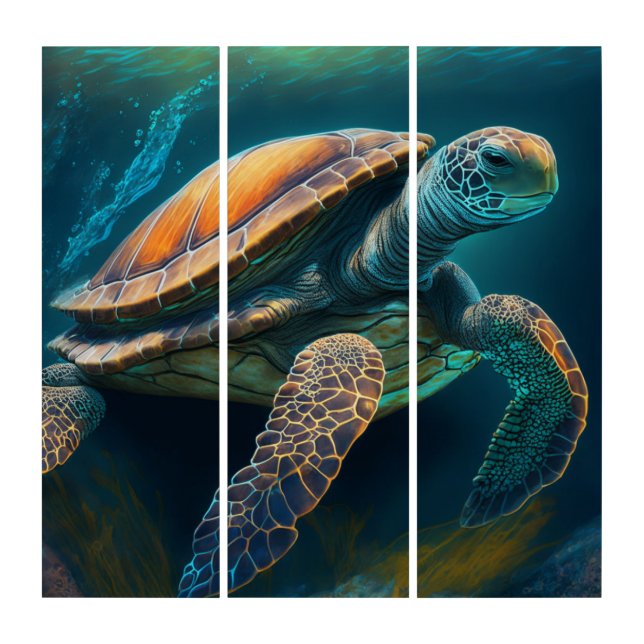 Sea Turtle Swimming in the Ocean Triptych (Front)