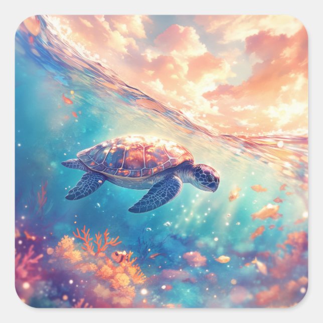 Sea Turtle Swimming in Tropical Ocean Square Sticker (Front)