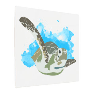 Sea Turtle Swimming in Watercolor Design Metal Print
