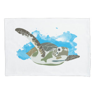 Sea Turtle Swimming in Watercolor Design Pillow Case
