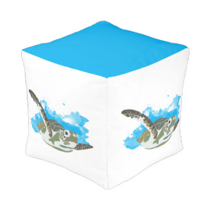Sea Turtle Swimming in Watercolor Design Sea Blue Pouf