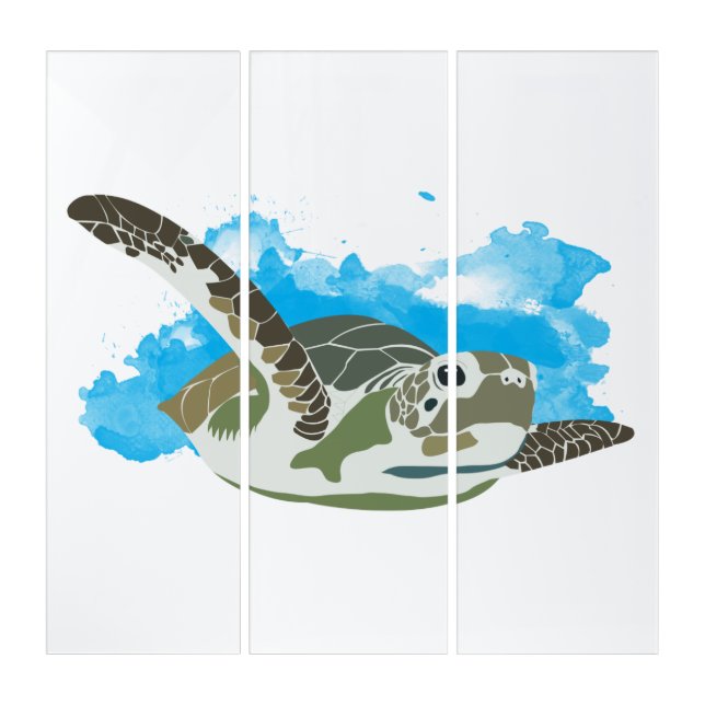Sea Turtle Swimming in Watercolor Design Triptych (Front)