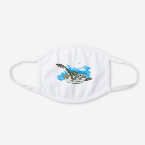 Sea Turtle Swimming in Watercolor Design White Cotton Face Mask