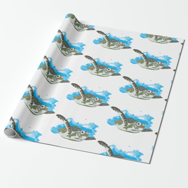 Sea Turtle Swimming in Watercolor Design Wrapping Paper (Unrolled)