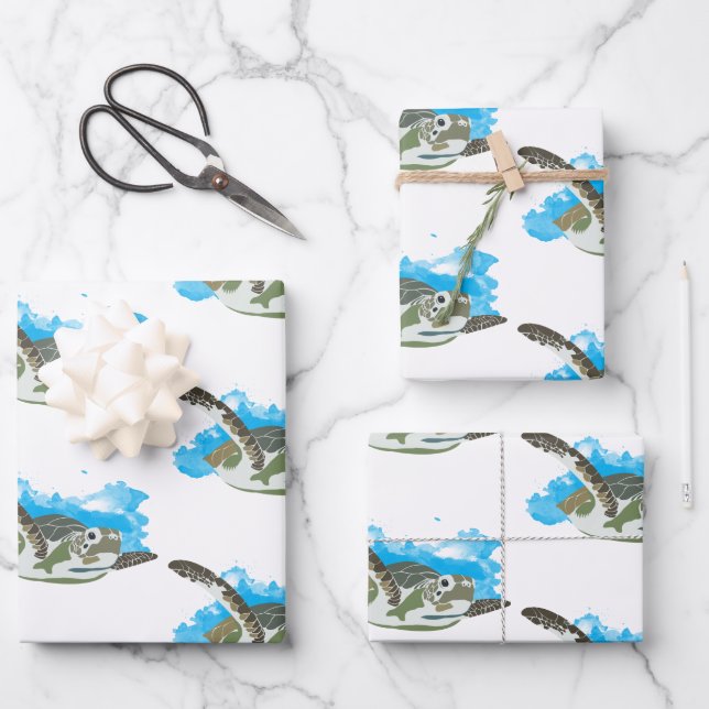 Sea Turtle Swimming in Watercolor Design Wrapping Paper Sheets (Front)