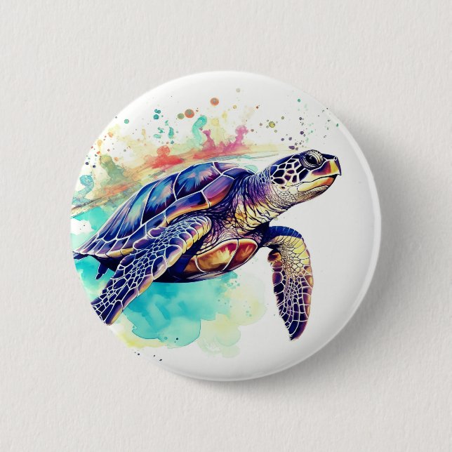 Sea Turtle Swimming watercolor painting Button (Front)