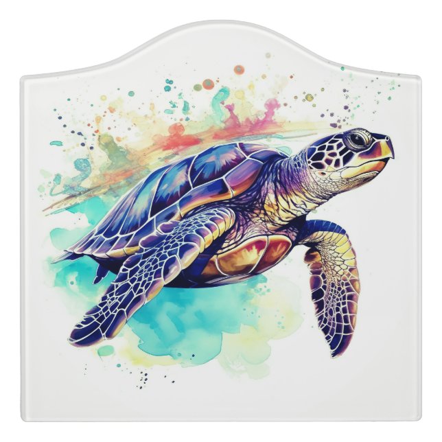 Sea Turtle Swimming watercolor painting Door Sign (Large Crest Front)