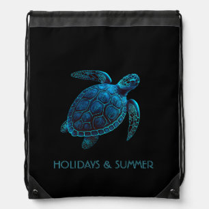 sea turtle, tattoo style, blue digital drawing T-S Drawstring Bag