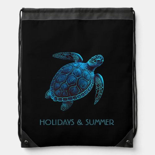 sea turtle tattoo style blue digital drawing T_S Drawstring Bag