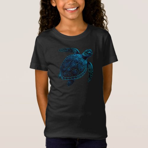 sea turtle tattoo style blue digital drawing T_Shirt