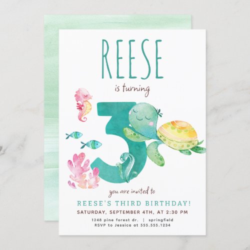 Sea Turtle Third Birthday Invitation