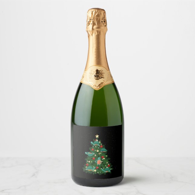 Sea Turtle Tortoise Christmas Tree  Sparkling Wine Label (Front)