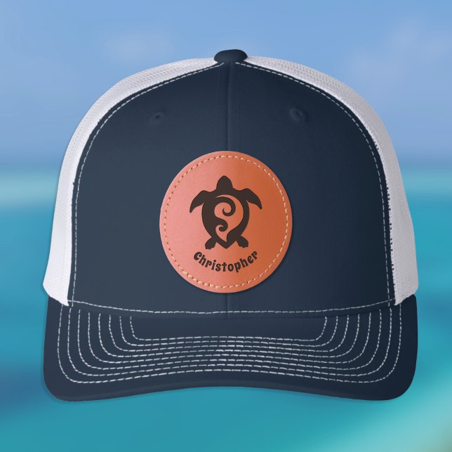 Sea Turtle Tribal Maori Style Monogram Name Leather Patch Hat (Creator Uploaded)