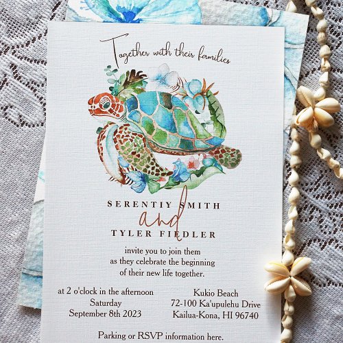 Sea Turtle Tropical Blue Green Wreath Wedding Invitation