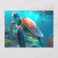 Sea Turtle, Tropical Fish and Coral in Blue Ocean