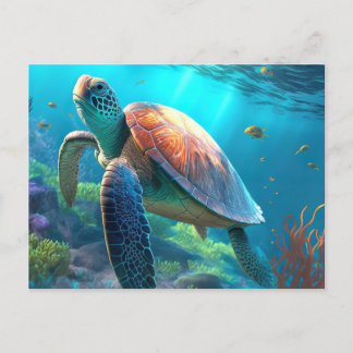 Sea Turtle, Tropical Fish and Coral in Blue Ocean Postcard