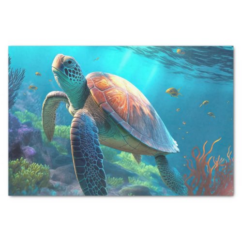 Sea Turtle Tropical Fish and Coral in Blue Ocean  Tissue Paper