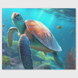 Sea Turtle, Tropical Fish and Coral in Blue Ocean Wrapping Paper