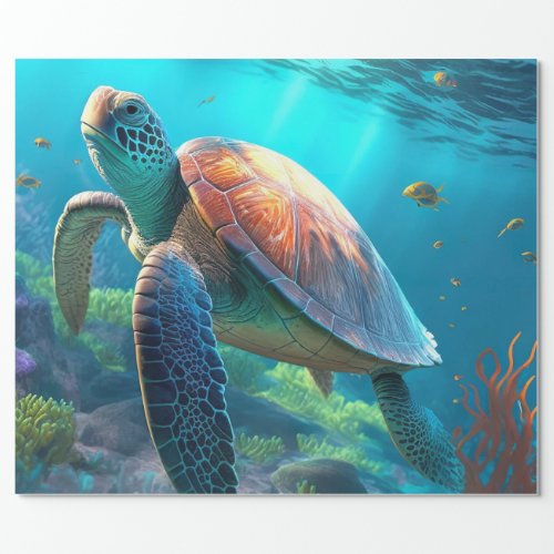 Sea Turtle Tropical Fish and Coral in Blue Ocean  Wrapping Paper