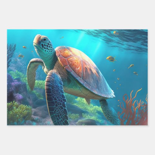 Sea Turtle Tropical Fish and Coral in Blue Ocean  Wrapping Paper Sheets