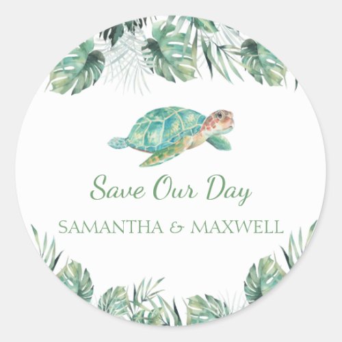 Sea Turtle Tropical Leaves Watercolor Wedding Clas Classic Round Sticker