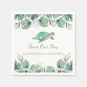 Sea Turtle Tropical Leaves Watercolor Wedding Napkins