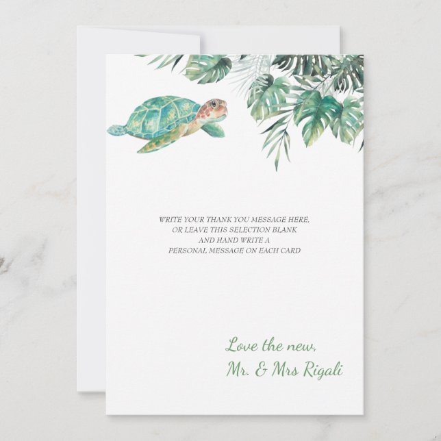 Sea Turtle Tropical Leaves Watercolor Wedding Thank You Card (Front)