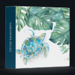 Sea Turtle Tropical Palm Leaf Elegant 3 Ring Binder<br><div class="desc">This elegant binder features a watercolor monstera palm leaves and sea turtle design. Personalize your name in white over a navy blue background using the custom template fields. Art and design by Victoria Grigaliunas. To see matching modern beach back to school, office supplies and guest information vacation rental biners like...</div>