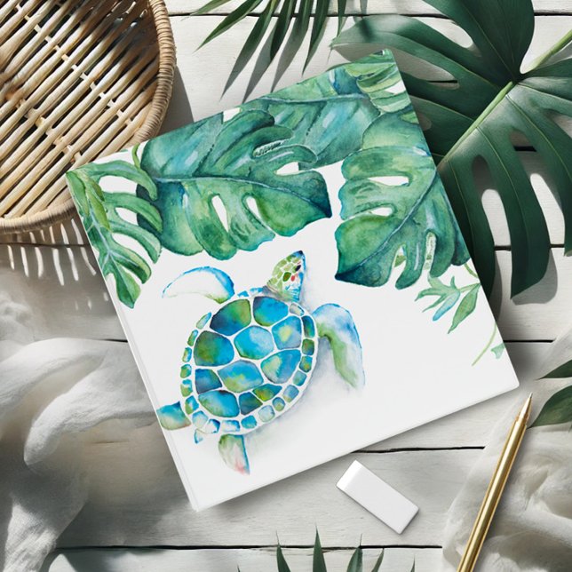 Sea Turtle Tropical Palm Leaf Elegant 3 Ring Binder (Tropical sea turtle and monstera palm leaf notebook watercolor art by Victoria Grigaliunas)