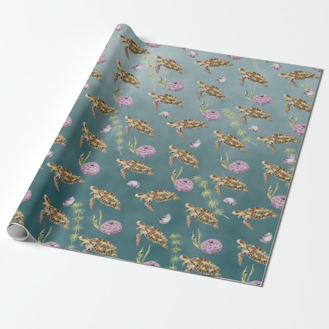 Sea Turtle Under A Deep Green Sea Wrapping Paper (Unrolled)