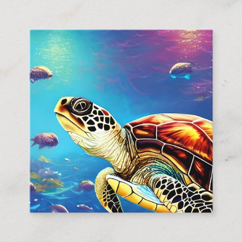 Sea Turtle Under Water Oil Painting Detailed Art  Square Business Card