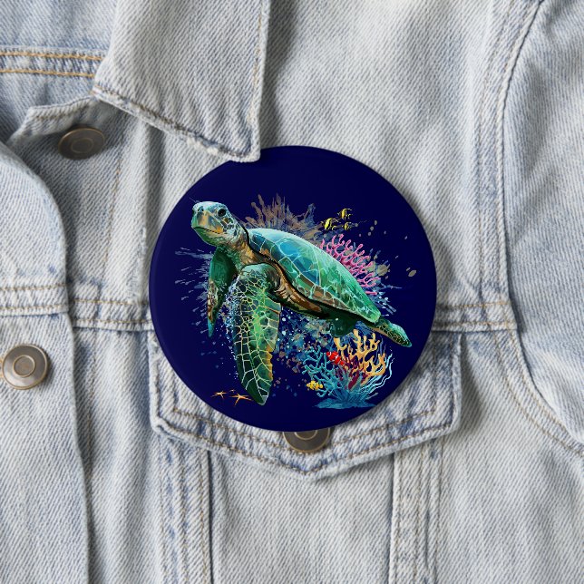 Sea turtle underwater watercolor Style Button (In Situ)