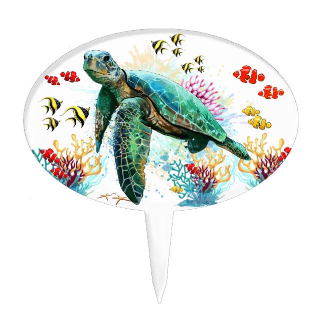 Sea turtle underwater watercolor Style Cake Topper (Front)