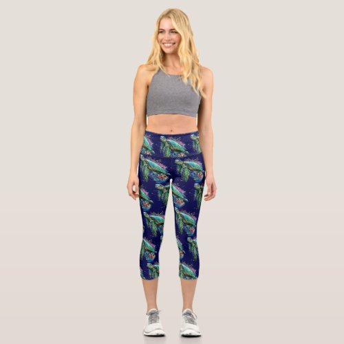 Sea turtle underwater watercolor Style Capri Leggings